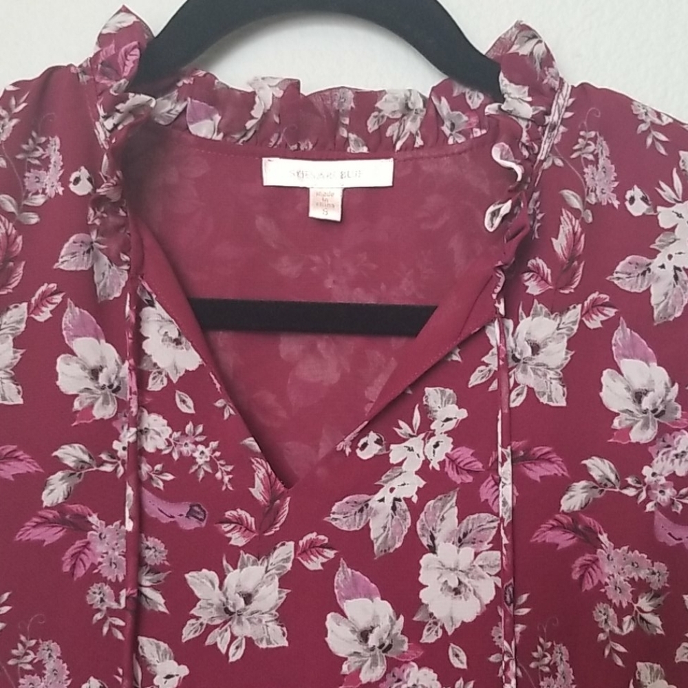 Skies are blue Romantic Office Tie Neck Burgundy Floral Blouse Small - Picture 6 of 9